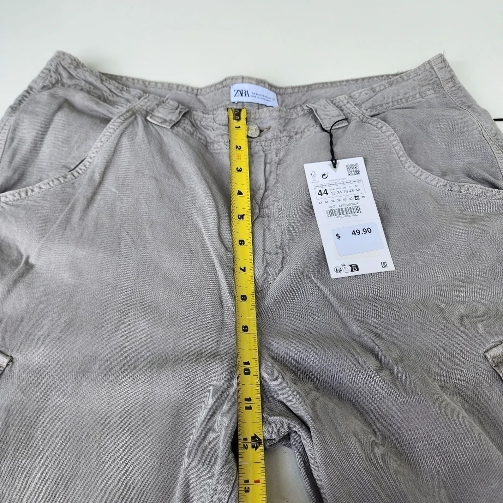 NWT $49 Zara Women Wide-Leg Cargo Pants Gray Chambray Linen Beach Boho 44 US 12